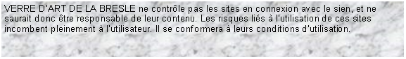 Zone de Texte: VERRE DART DE LA BRESLE ne contrle pas les sites en connexion avec le sien, et ne saurait donc tre responsable de leur contenu. Les risques lis  lutilisation de ces sites incombent pleinement  lutilisateur. Il se conformera  leurs conditions dutilisation.