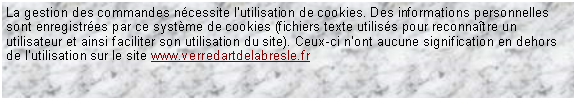 Zone de Texte: La gestion des commandes ncessite lutilisation de cookies. Des informations personnelles sont enregistres par ce systme de cookies (fichiers texte utiliss pour reconnatre un utilisateur et ainsi faciliter son utilisation du site). Ceux-ci nont aucune signification en dehors de lutilisation sur le site www.verredartdelabresle.fr 