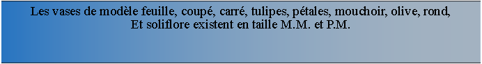 Zone de Texte: Les vases de modle feuille, coup, carr, tulipes, ptales, mouchoir, olive, rond, Et soliflore existent en taille M.M. et P.M.