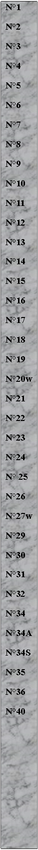 Zone de Texte:  N1   N2 N3 N4 N5 N6 N7 N8 N9 N10 N11 N12 N13 N14 N15 N16 N17 N18 N19 N20w N21 N22 N23 N24 N 25 N26 N27w N29 N30 N31 N32 N34 N34A N34S N35 N36 N40